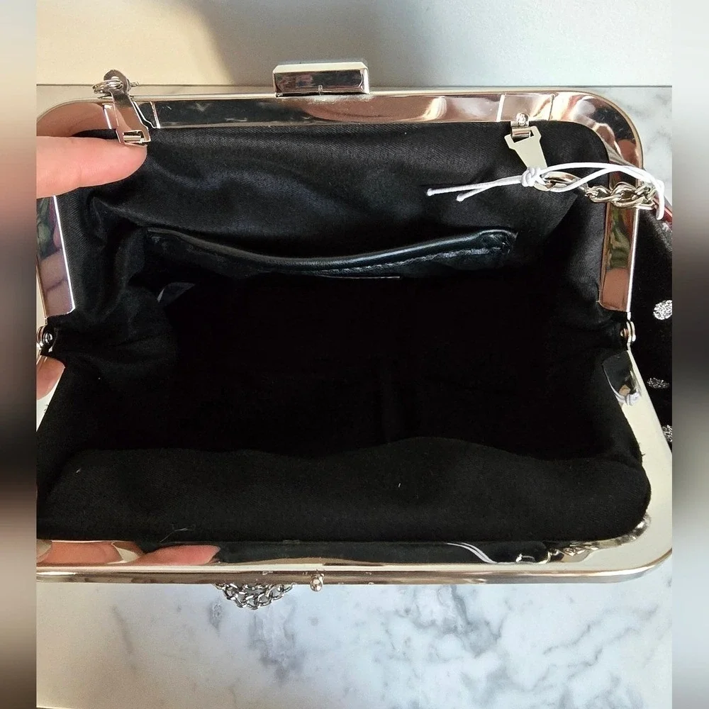 Sam & Libby New Brandi Velvet Black Polka Dot Bow Hobo Chain Crossbody Clutch